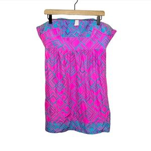 Alice & Trixie 100% Silk Geometric Printed Strapless Dress in Pink/Blue L